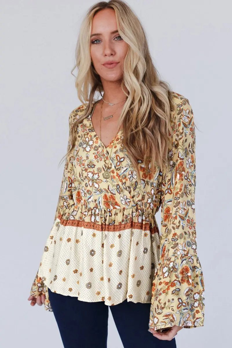 Yellow Printed Floral Bell Sleeve V Neck Wrapped Blouse - Love Salve
